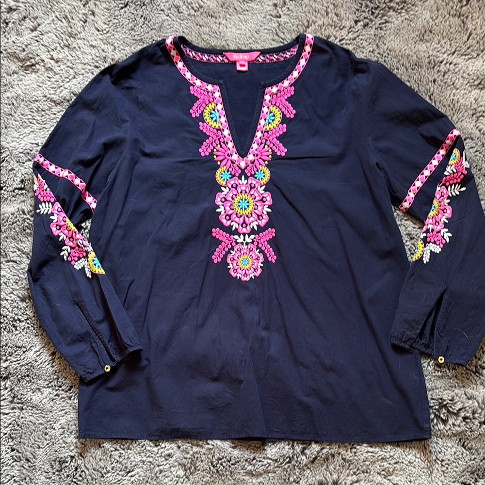 Lilly Pulitzer Navy Top with Pink Embroidery